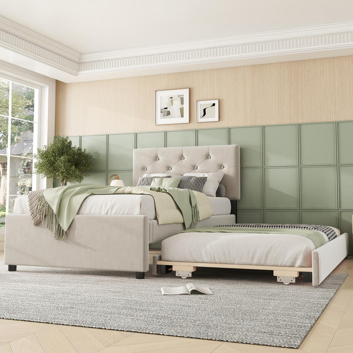BETT mit Rollbett 90x200 cm Samt Beige - Beige, Metall (90/200cm) - Meubliv