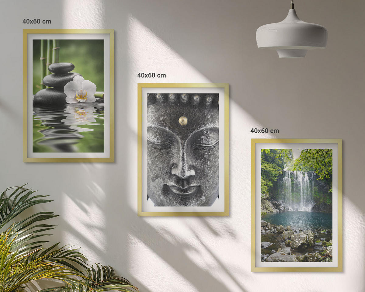 WANDBILDER 3er Set - 40x60 cm Goldrahmen - Harmoniesteine Wasser Buddha - Goldfarben, Kunststoff (40/60cm) - ArtPrintCave