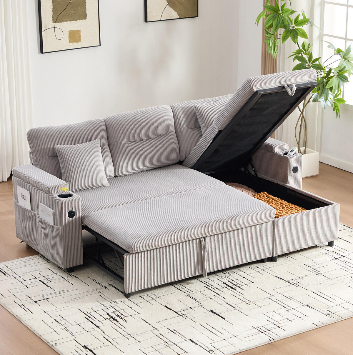 SOFA 212,5/136/86 cm in Hellgrau mit Stauraum, USB- und Type-C-Anschlüssen - Hellgrau, Textil (136/86/212.5cm) - Flora Grace