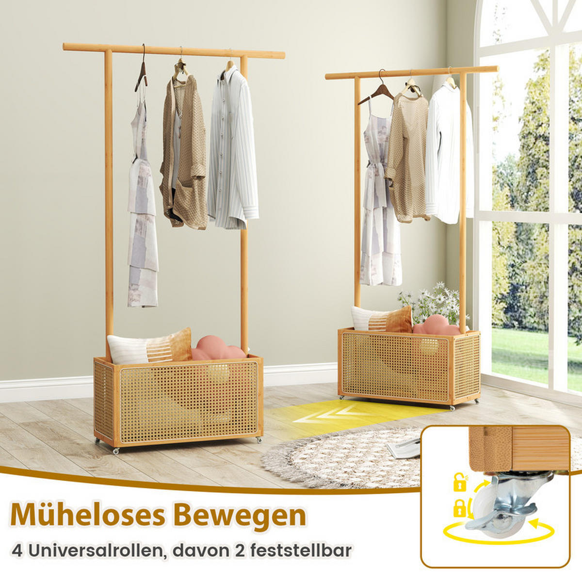 GARDEROBENSTÄNDER mit PE-Rattan-Aufbewahrungskorb natur - Naturfarben, Naturmaterialen (100/172/32.5cm) - COSTWAY