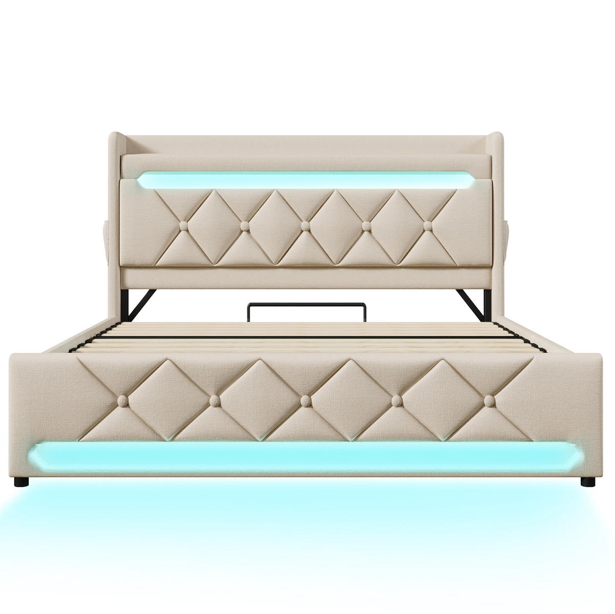 ČALOUNĚNÁ postel 140/200 cm béžová ze lnu s LED osvětlením USB-C a úložným prostorem - béžová, textil (140/200cm) - OKWISH