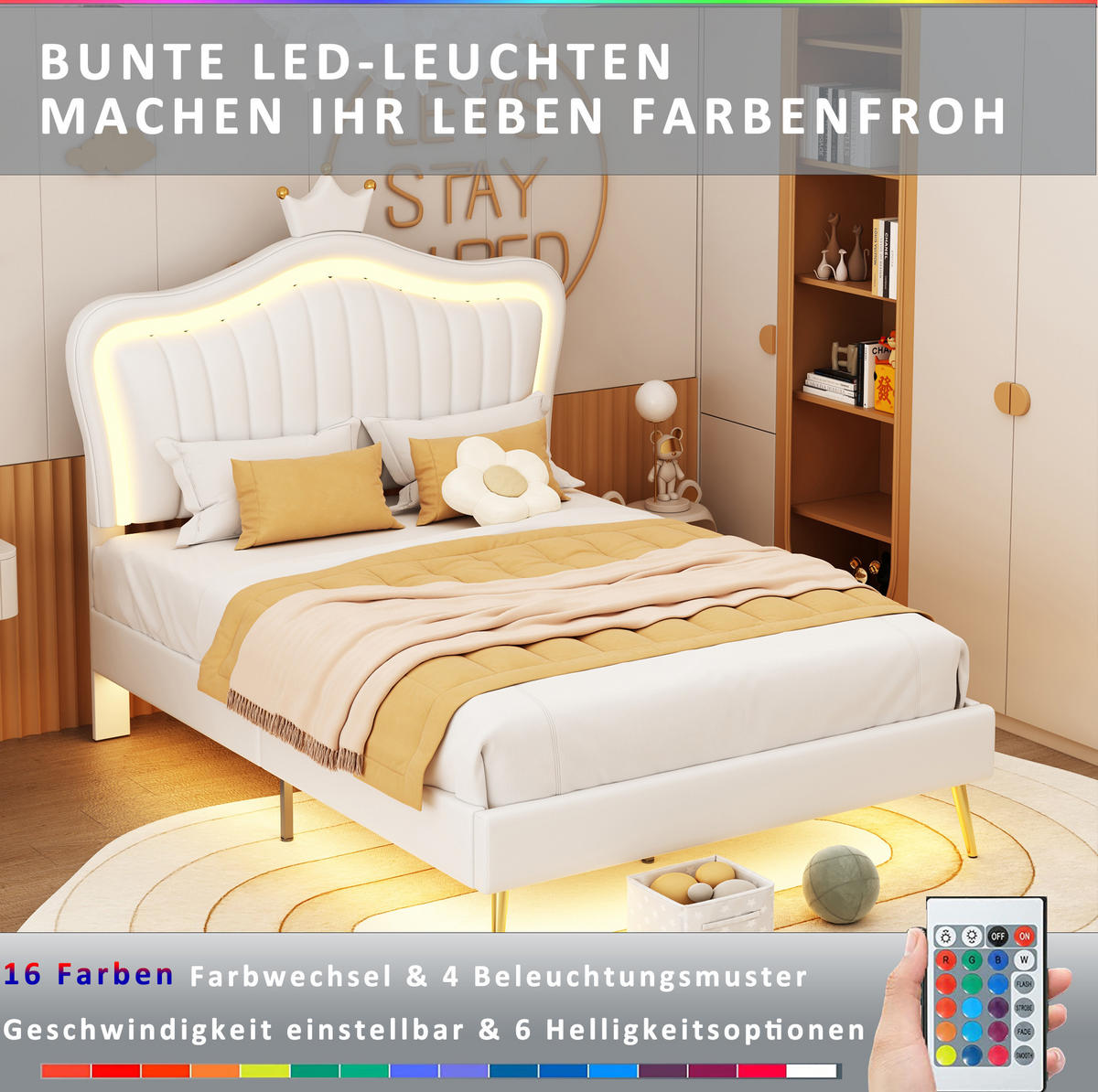 KINDERPOLSTERBETT 90/200 cm Muschel-Kronen-Kopfteil mit LED, Weiß, ohne Matratze - Weiß, Leder (90/200cm) - MIVRAY