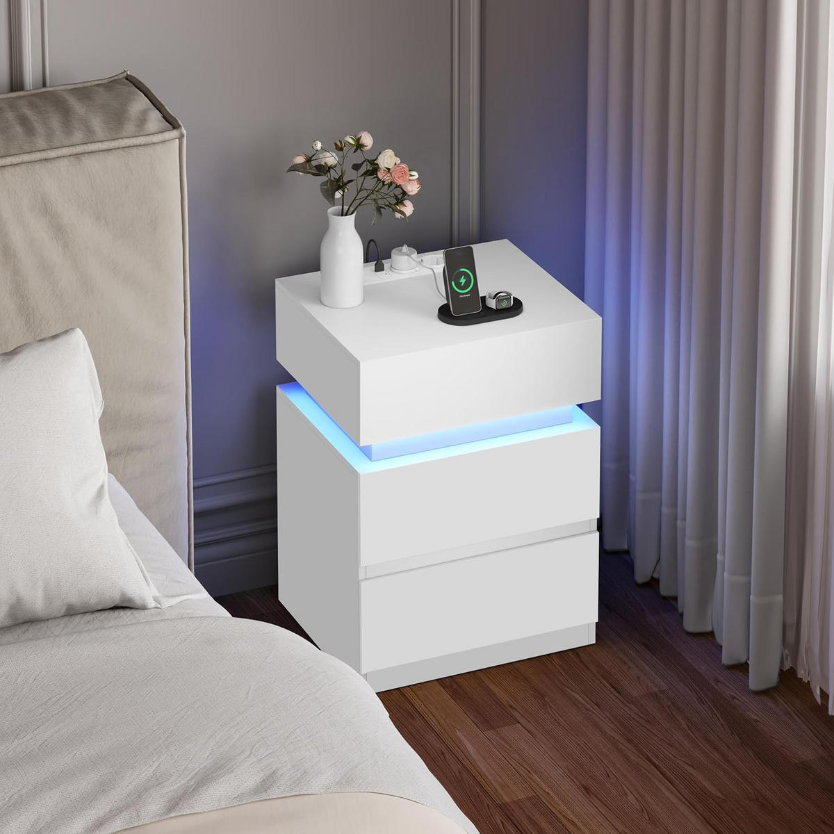 NACHTTISCH mit Ladefunktion und LED, Weiß - Weiß, Holzwerkstoff (40/55/35cm) - Woltu