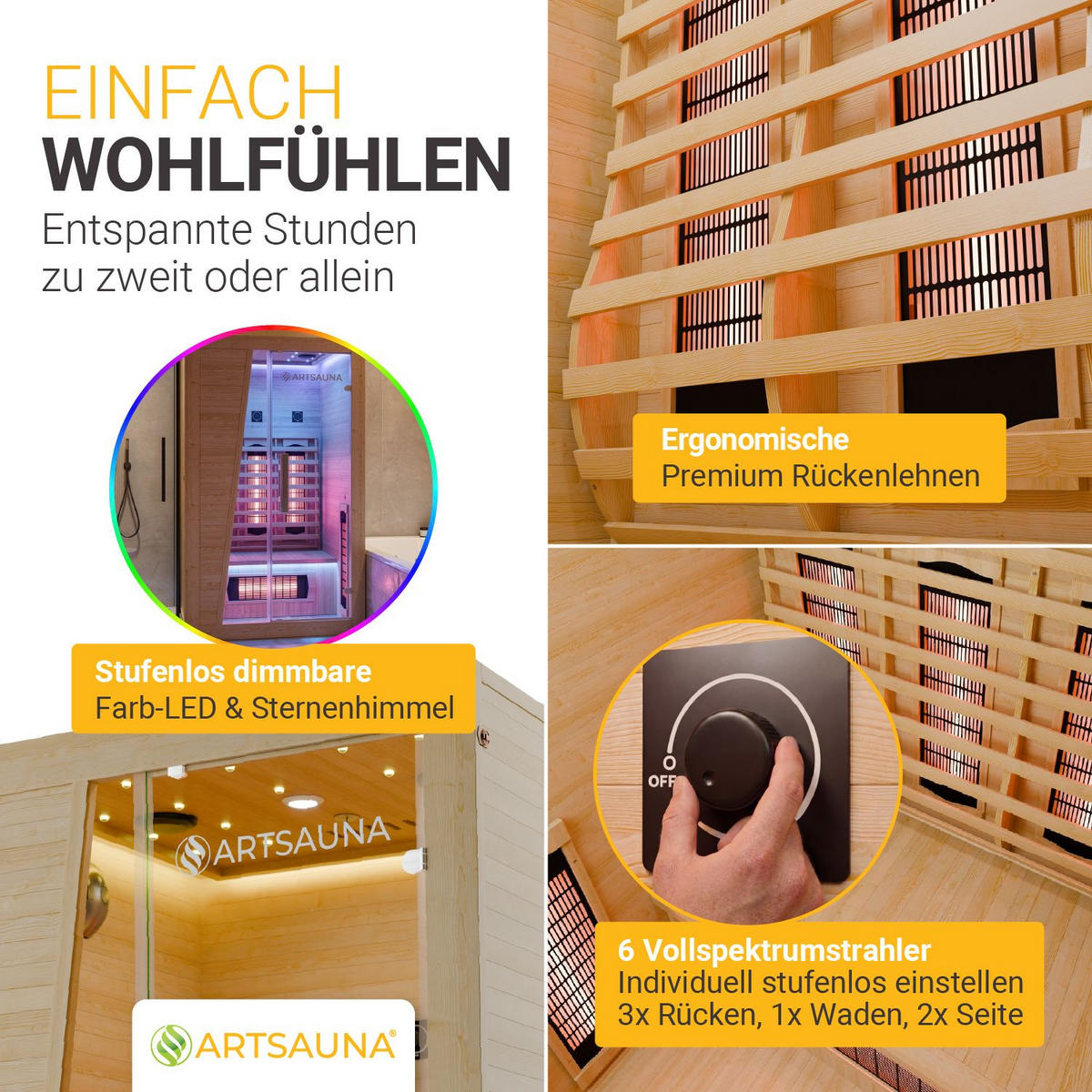 INFRAROTKABINE Bergen115 mit Vollspektrumstrahlern & Hemlockholz - Naturfarben, Holz (105/190/115cm) - Artsauna