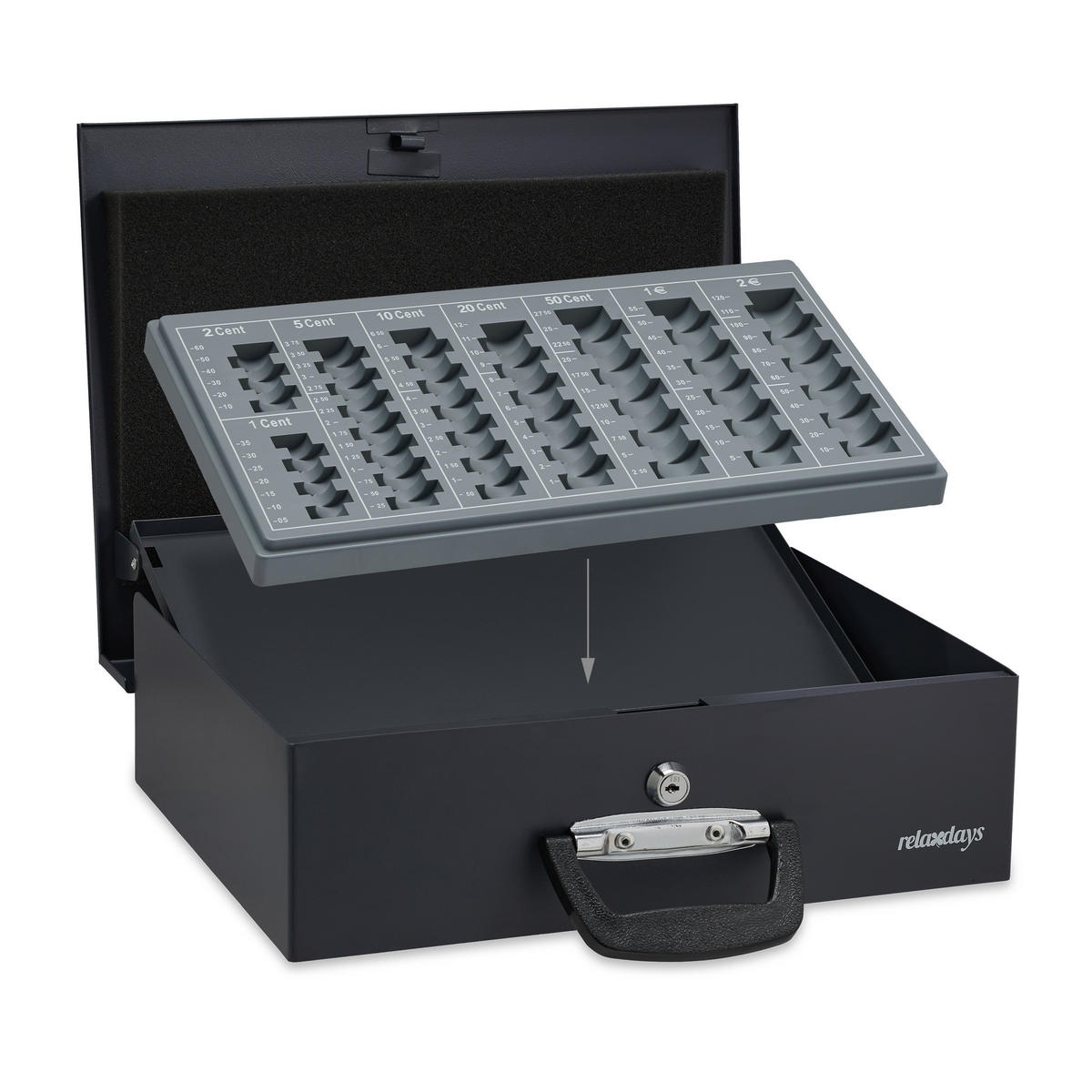 POKLADŇA na euro - čierna, kov/plast (36/10.5/27.5cm) - Relaxdays