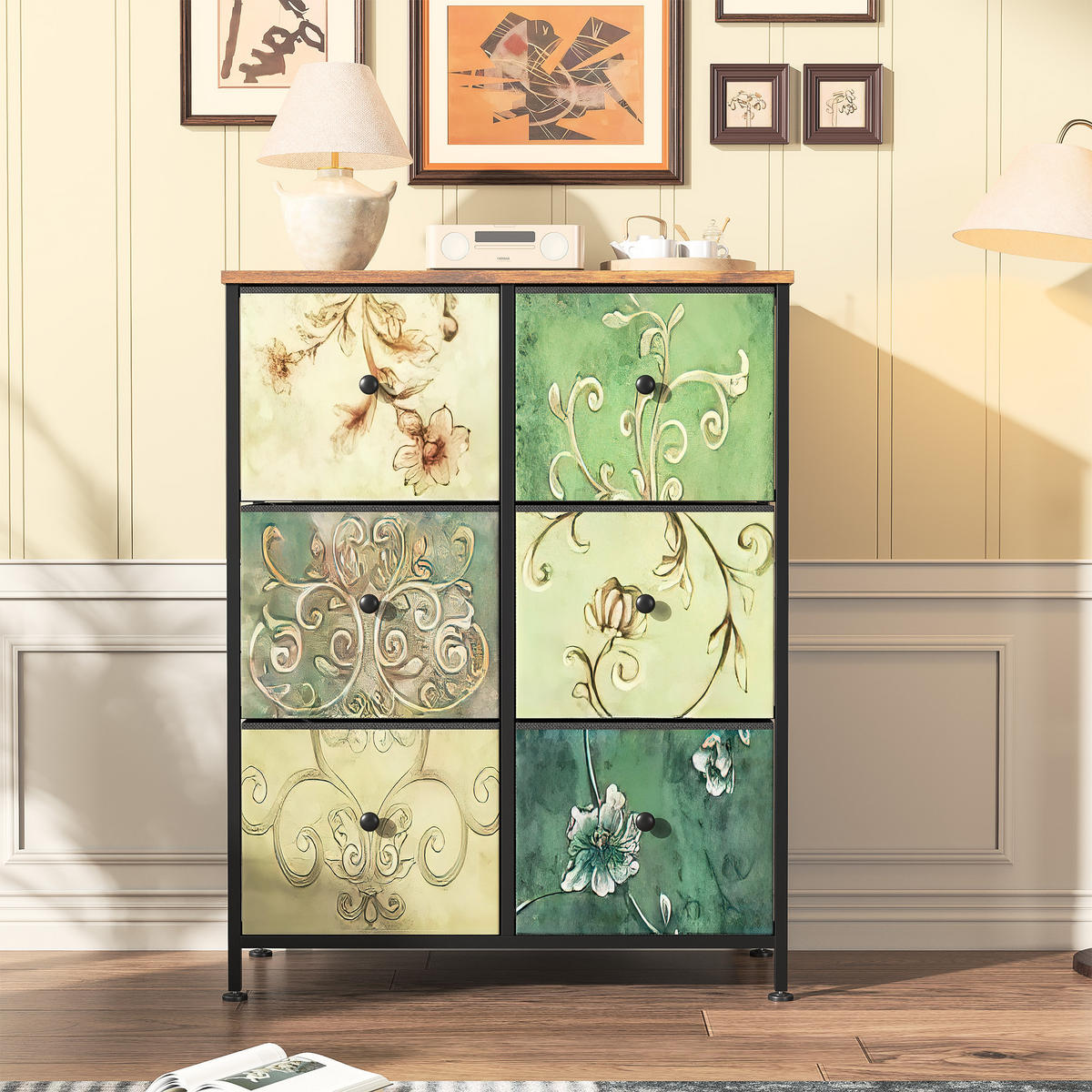 KOMMODE mit 6 Stoffschubladen, Sideboard für Küche, Büro, Flur - Multicolor, Holz (30/86.5/67.5cm)