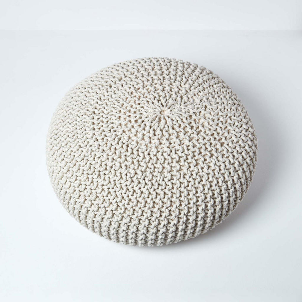Thumbnail - Homescapes Strick-Pouf, Natur, Textil, Uni, Rund, 70x23x70 cm, Wohnzimmer, Hocker, Poufs