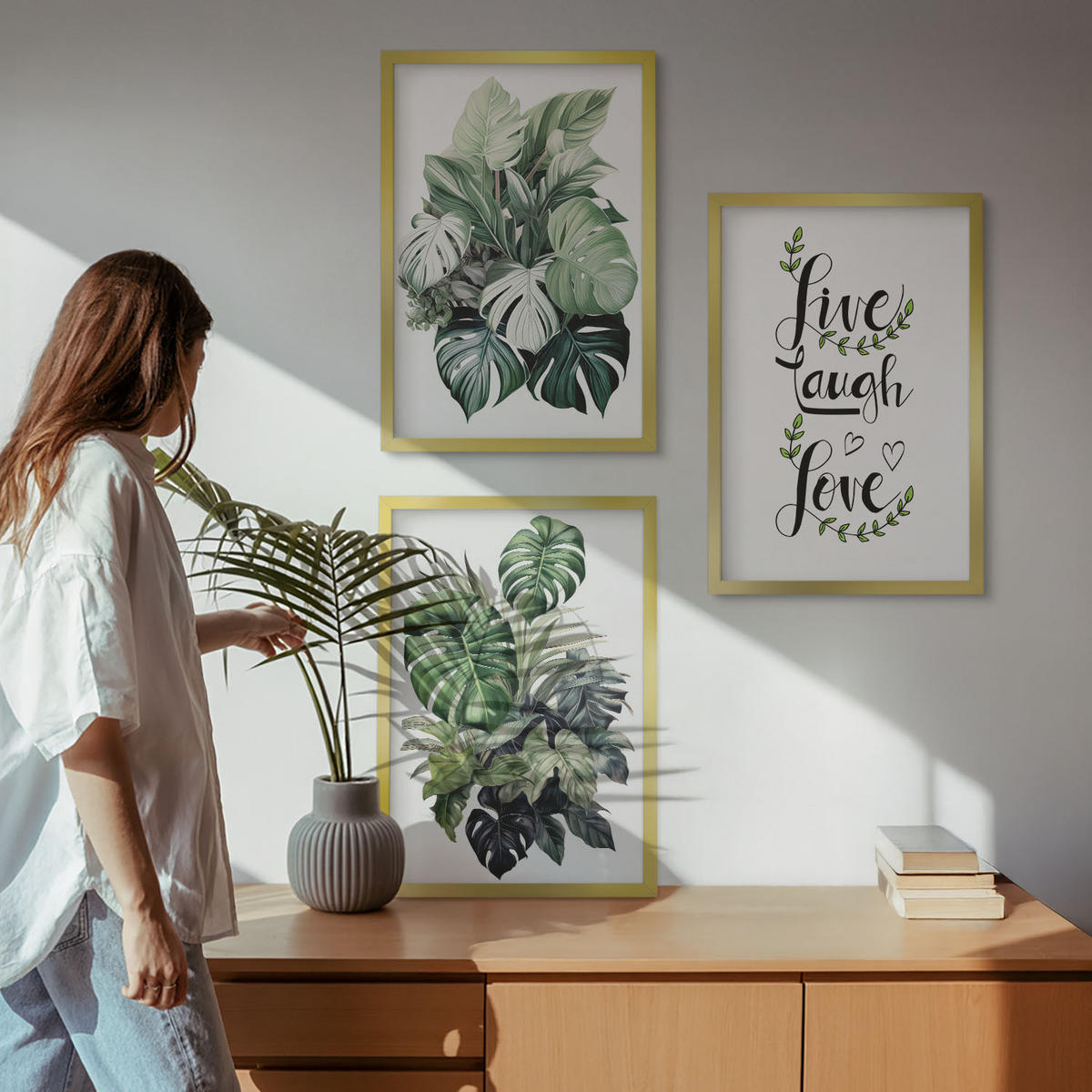 WANDBILDER 3er Set - 40x60 cm Goldrahmen - Blattpflanzen leben, lachen, lieben - Goldfarben, Kunststoff (40/60cm) - ArtPrintCave