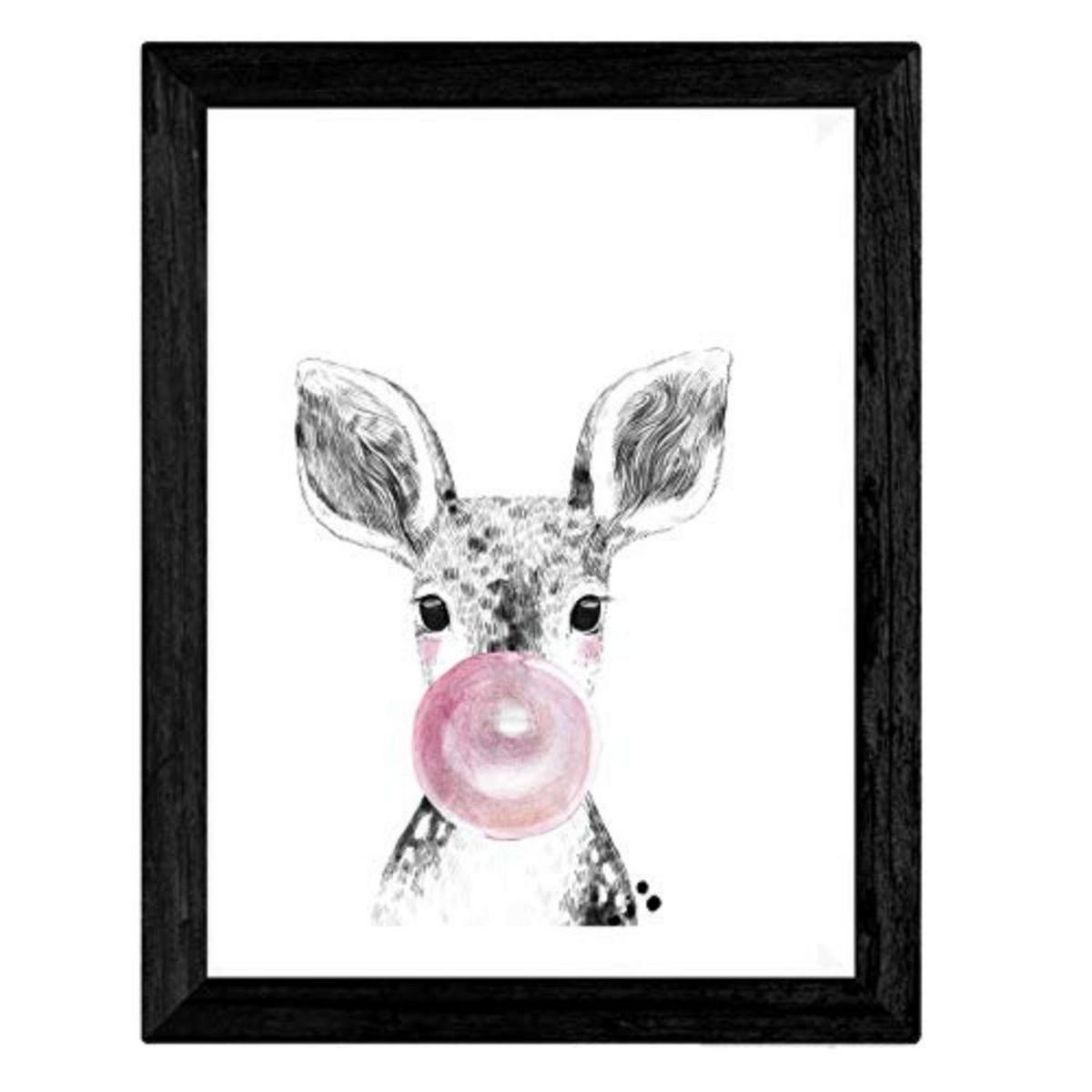 POSTER Set mit 4 Kindern Tieren mit rosa Kaugummi und Gläsern A3 Schwarzer Rahmen - Schwarz, Papier (29.7/3cm) - Nacnic