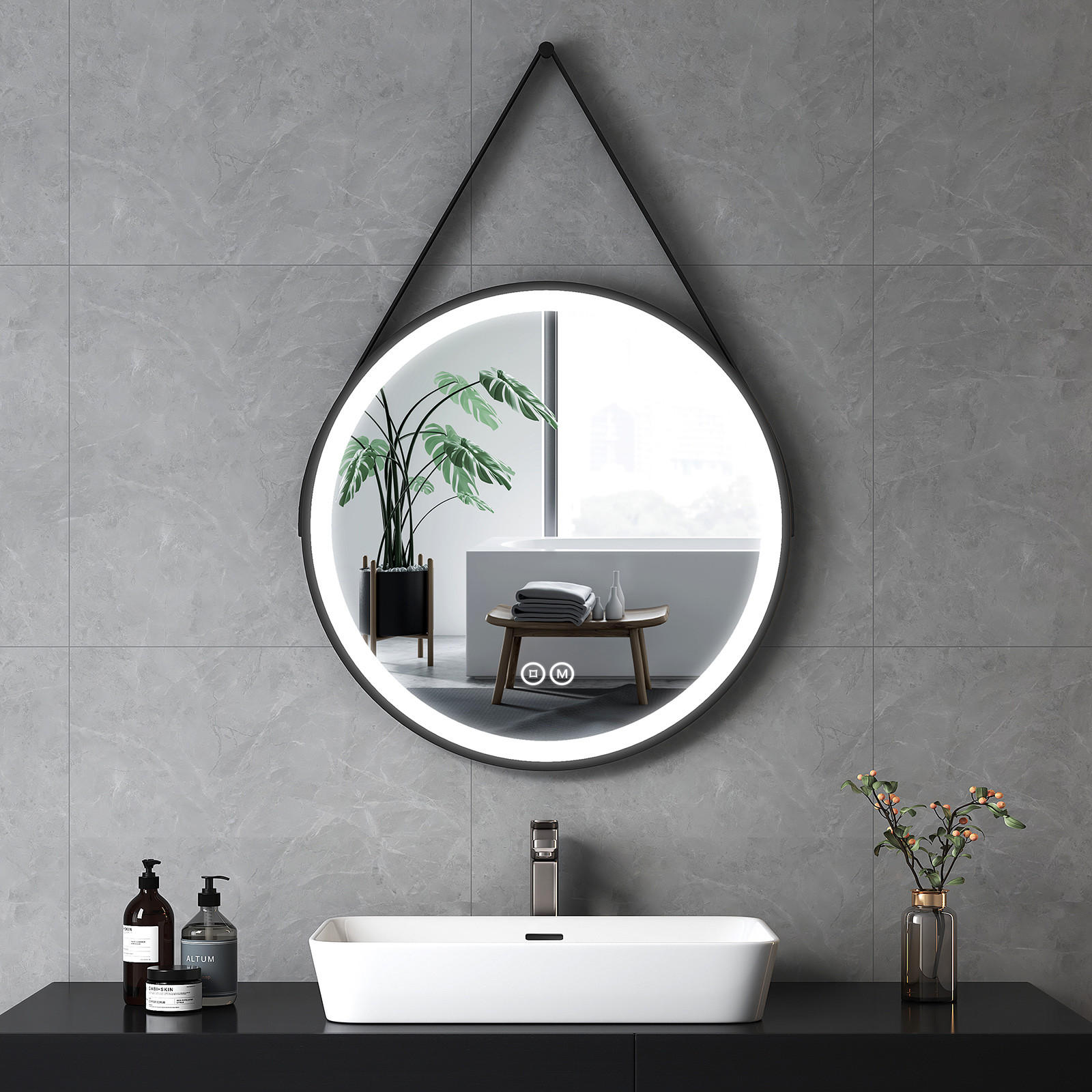 BADSPIEGEL Rund mit Touch-Schalter Beleuchtung mit Hängeriemen Schwarz ф70 cm - Schwarz, Glas (70/3/70cm) - EMKE
