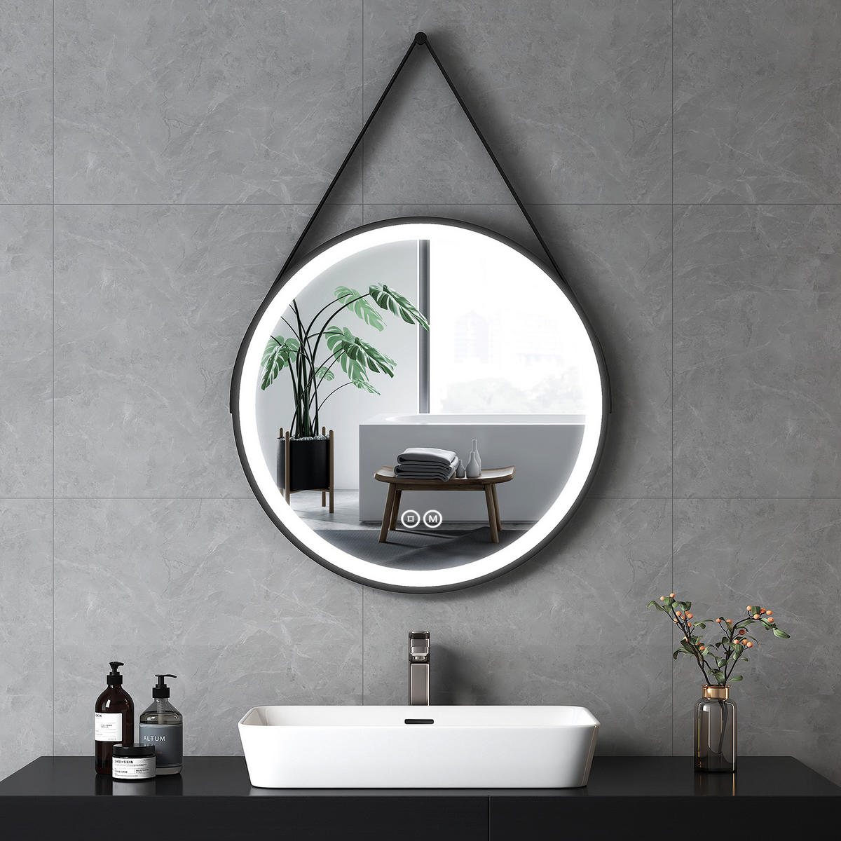 BADSPIEGEL Rund mit Touch-Schalter Beleuchtung mit Hängeriemen Schwarz ф70 cm - Schwarz, Glas (70/3/70cm) - EMKE