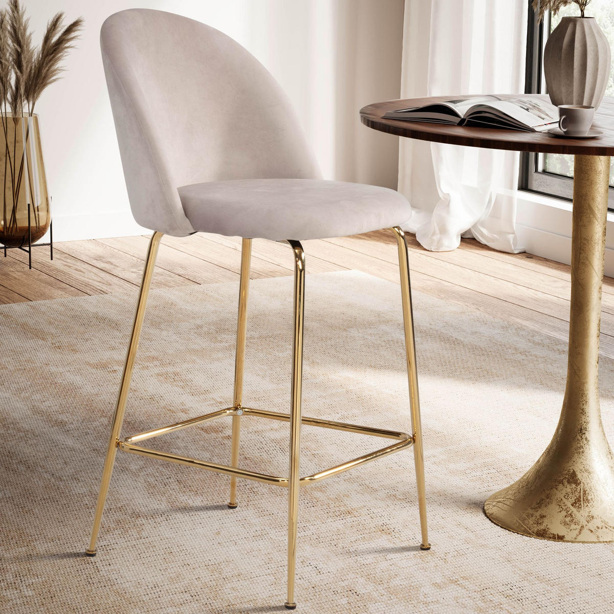 BARHOCKER 2er Set Samt Lehne Goldgestell Skandi-Stil Gepolstert, Beige 50x50x102 cm - Beige/Goldfarben, Textil/Metall (50/102/50cm) - KADIMA DESIGN