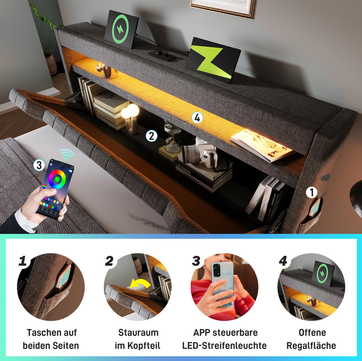 POLSTERBETT 160/200 cm aus Leinen mit LED-Beleuchtung, USB-C und hydraulischem Bettkasten, Grau - Grau, Leder (160/200cm) - Redom