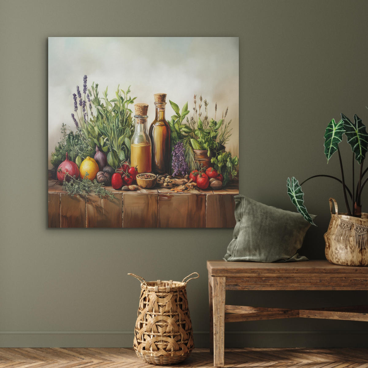 AKUSTIKPANEEL Stilleben - Kräuter - Gewürze - Früchte - Farbenfroh 90x90 cm - Grün, Textil (90/0.9/90cm) - MuchoWow