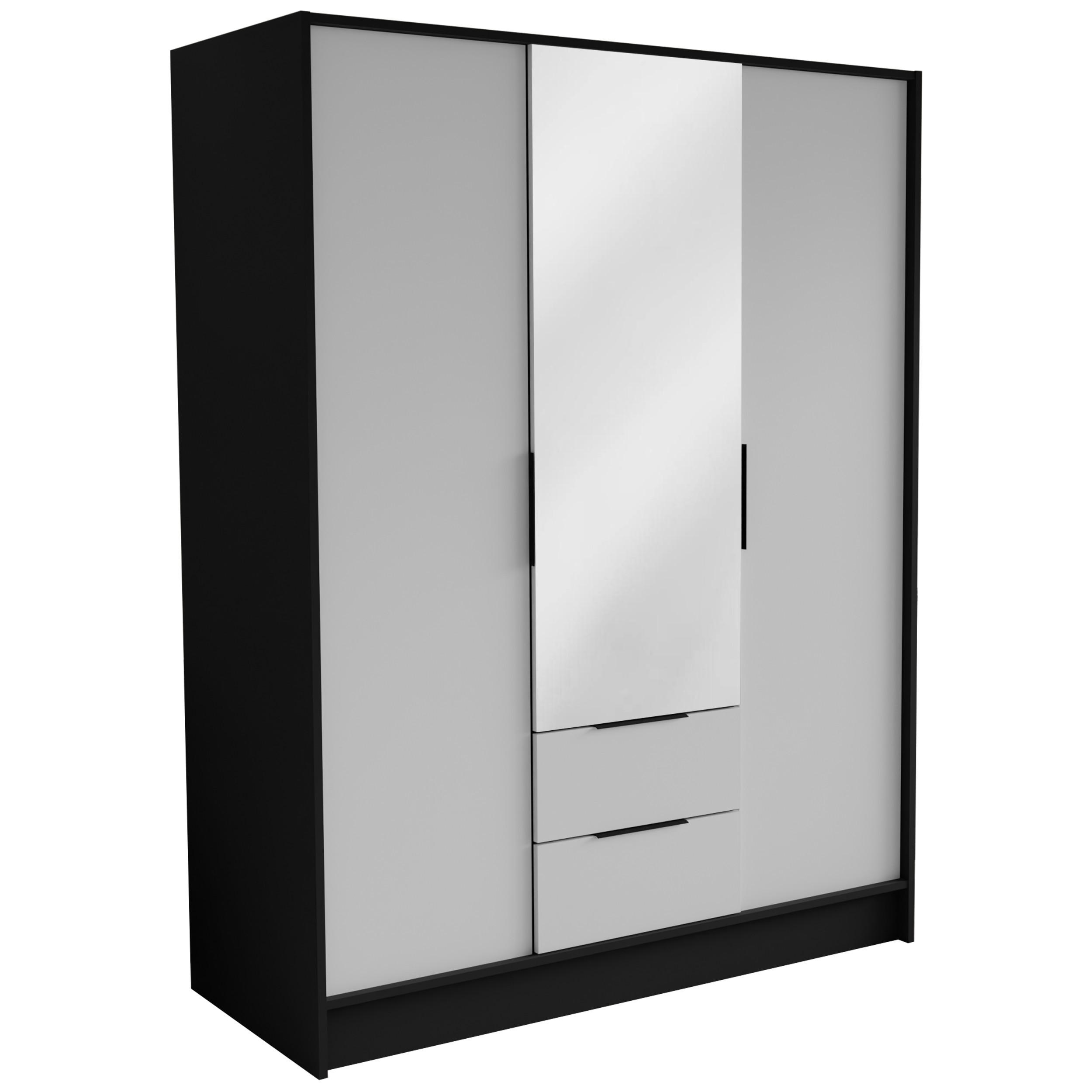 DREHTÜRENSCHRANK CAVA 150,5/200/51 cm Modern Kleiderschrank 3-türig mit Spiegel Schwarz - Schwarz/Weiß, Holzwerkstoff (150.5/200/51cm) - MASSENO