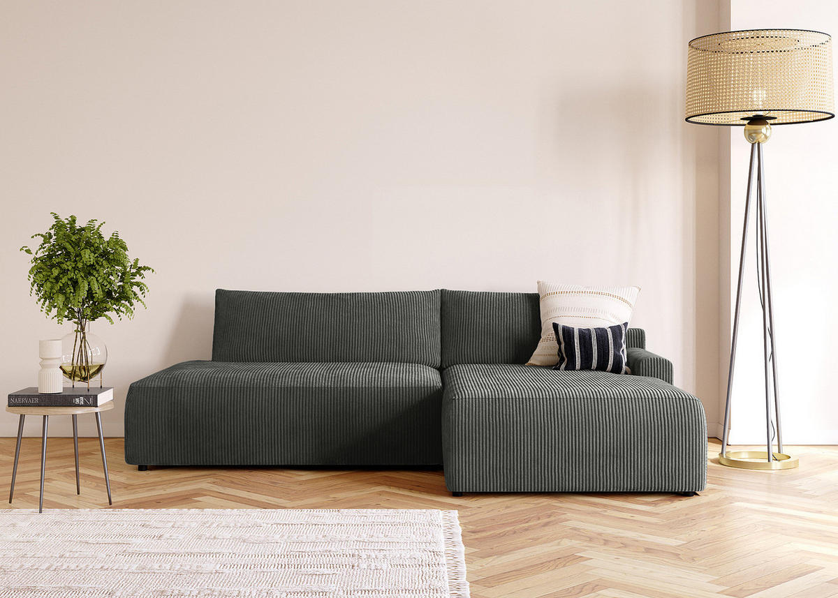 ECKSOFA mit Schlaffunktion - Longchair - Dunkelgrau/Schwarz, Kunststoff/Textil (253/167cm) - home24