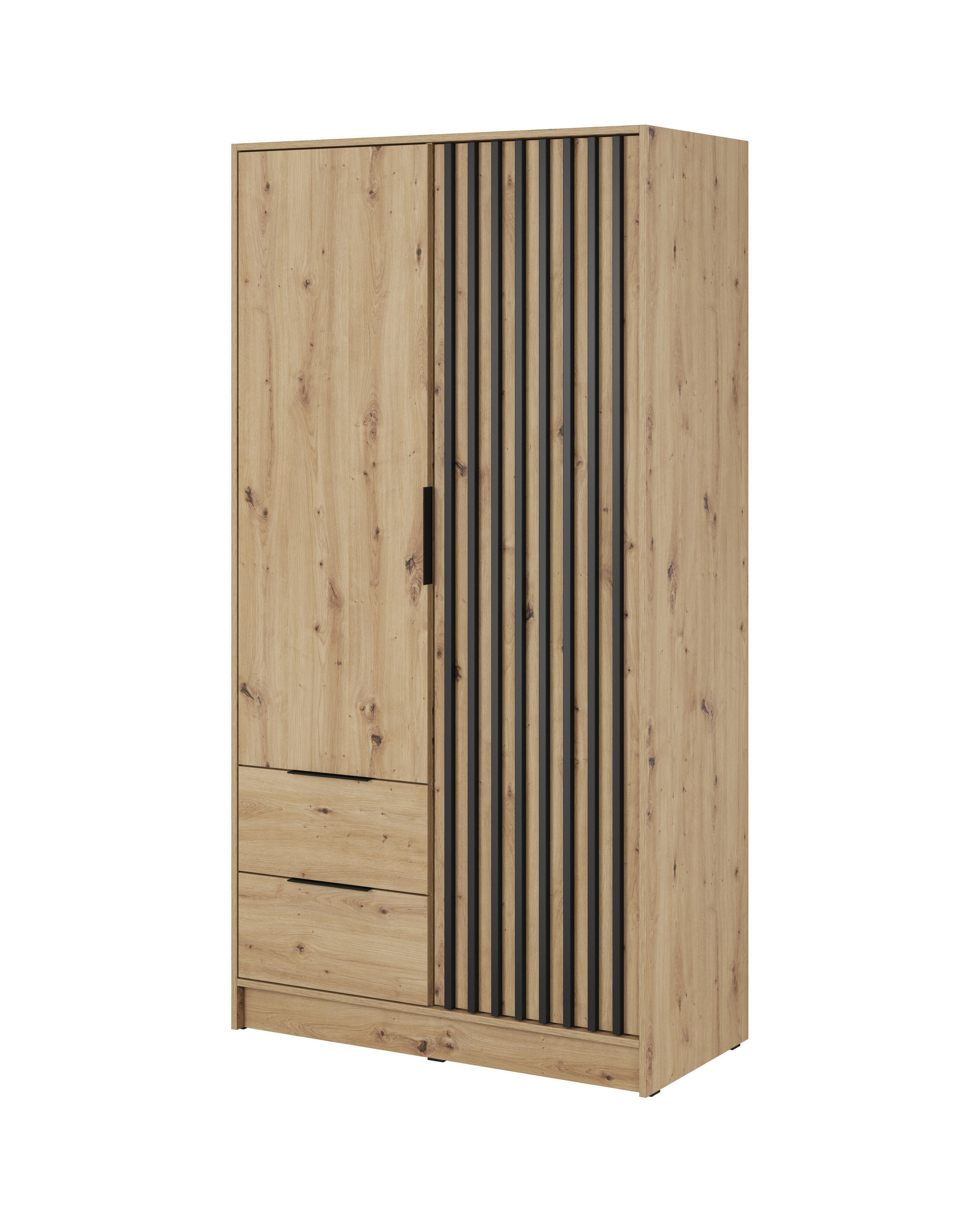 KLEIDERSCHRANK Nelly Artisan Eiche, Schwarz Lamellen, Schrank Zweitürige, Garderobe mit Schubladen - Eiche Artisan, Holzwerkstoff (105/200/51cm) - Bettso