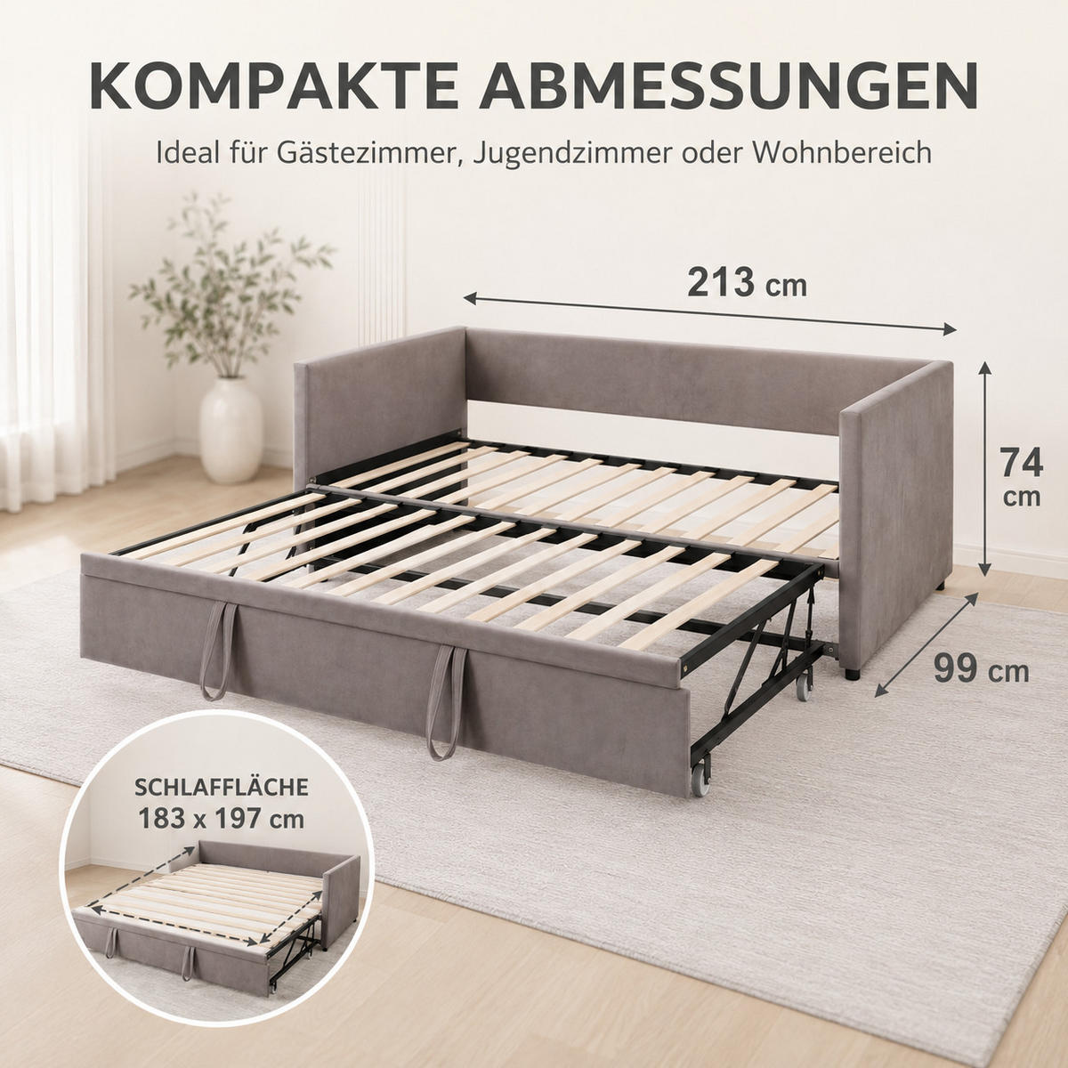 SCHLAFSOFA Samt grau ausziehbar mit Gästebett Funktion 3-fach umwandelbar Tagesbett mit Rollen - Grau, Metall (183/74/213cm) - Joyfair