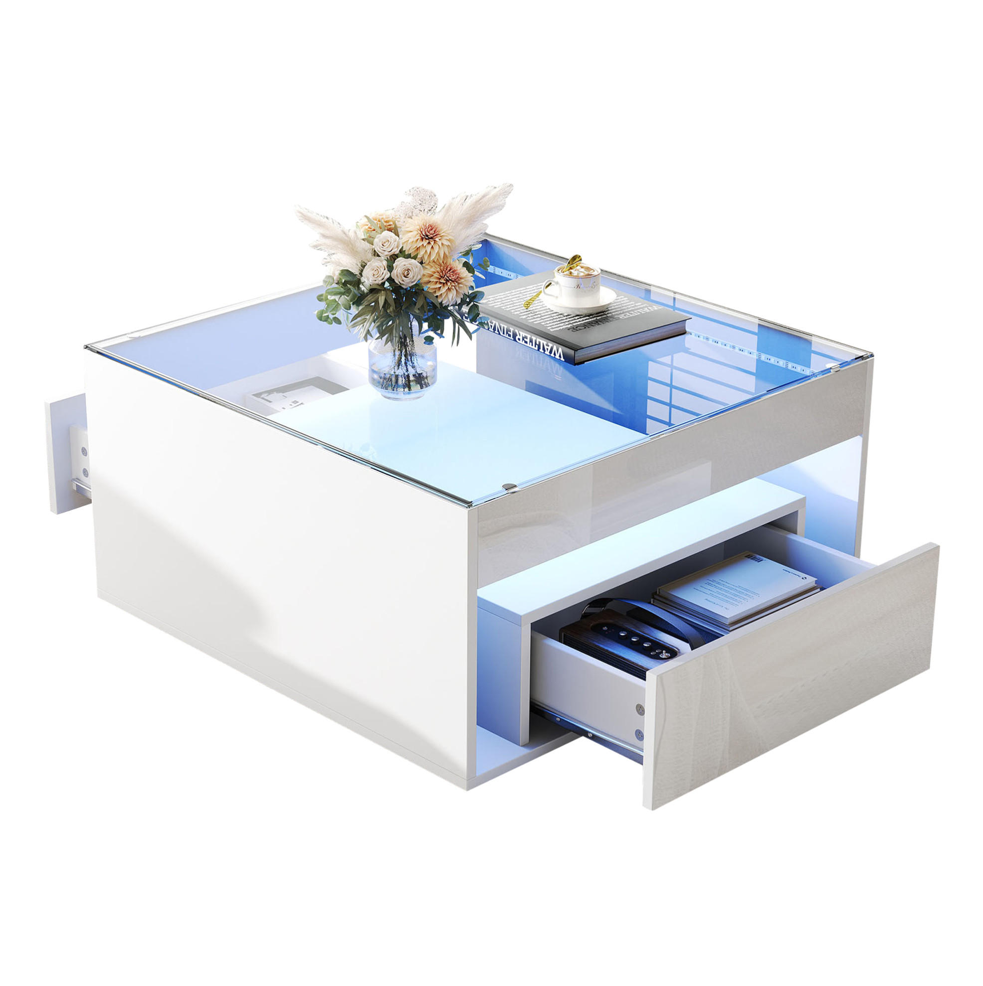 COUCHTISCH 70/70/35 cm in Weiß aus MDF und Glas mit LED und Stauraum - Weiß, Holzwerkstoff (70/70/35cm) - OKMYHOME