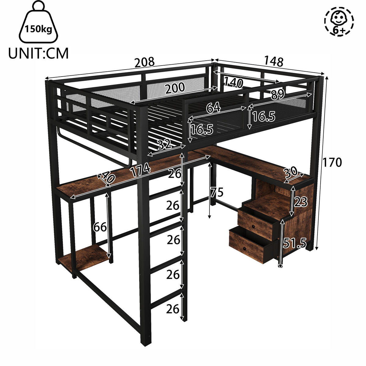 HOCHBETT 140/200 cm in Schwarz Metall und Holz mit LED, USB, Schreibtisch und Ablagefächern - Schwarz, Holzwerkstoff/Metall (140/200cm) - WISHDOR