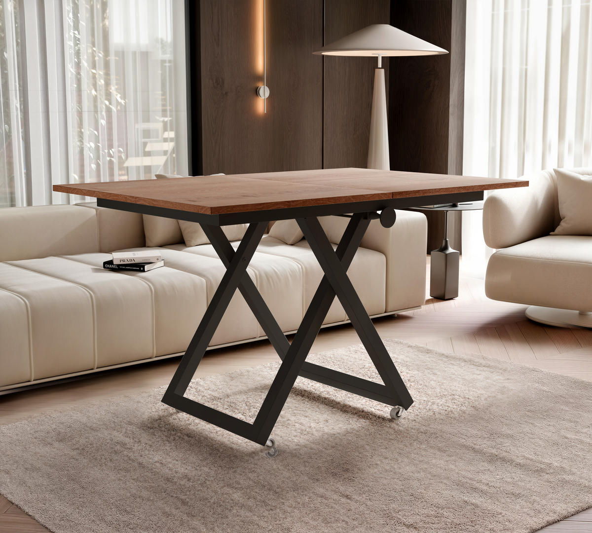 COUCHTISCH ARIA 120-160/80 cm, Höhenverstellbar, Schwarz / Trüffelbraun - Trüffeleichefarben/Schwarz, Holzwerkstoff/Metall (120/80/38cm) - Idohome