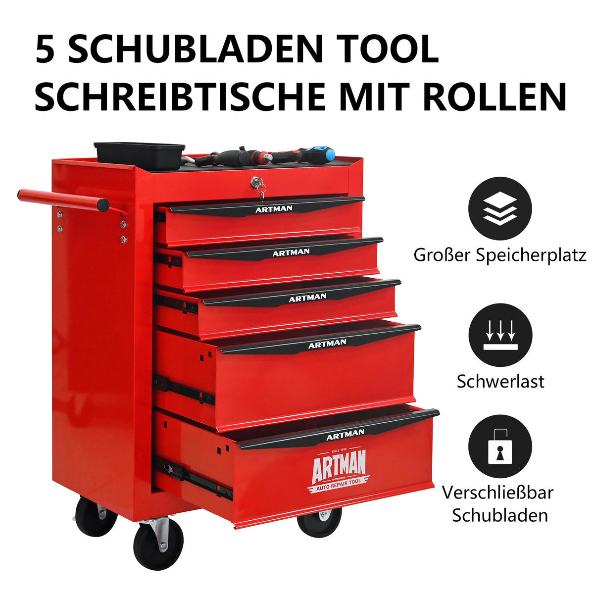 KOMBINATIONSKOFFER – 5 Schubladen, 508 mm (20 Zoll), mit 5 Schubladen; Farbgebung in Rot und Schwarz. - Multicolor, Metall (33/77.5/60cm) - DCA
