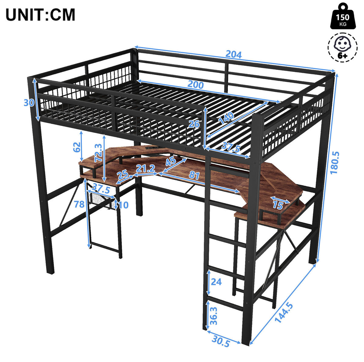HOCHBETT 140/200 cm aus Metall mit Schreibtisch und LED-Beleuchtung, Schwarz - Schwarz, Metall (140/200cm) - Flora Grace
