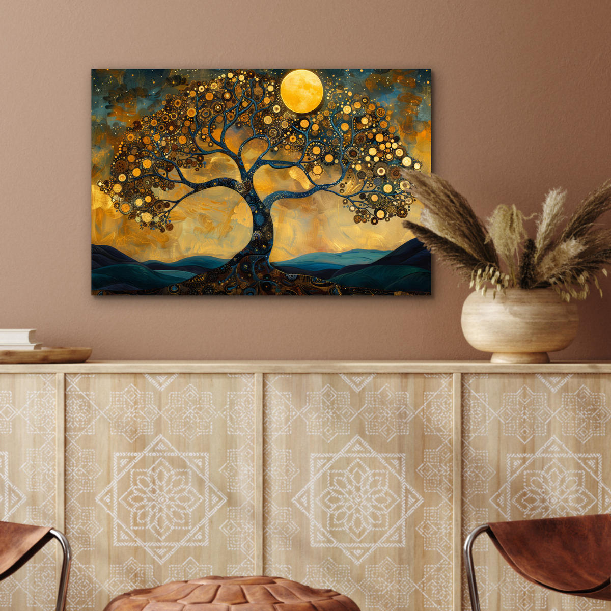 METALLBILD Baum - Mond - Blumen - Gold - Kunst 60x40 cm - Orange, Metall (60/40cm) - MuchoWow