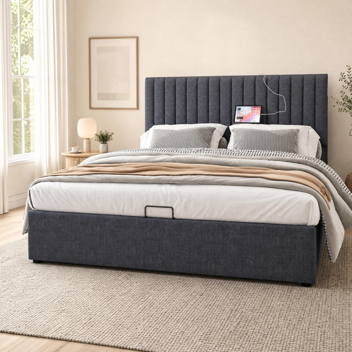 POLSTERBETT 140/200 mit LED, Bettkasten und USB-C in Grau - Grau, Holzwerkstoff/Textil (140/200cm) - EVRYAE