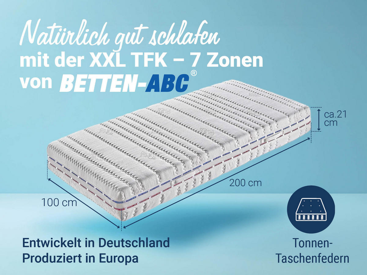TASCHENFEDERKERNMATRATZE XXL-TFK, 7 Zonen, fester Härtegrad, Größe: 100x200 - Weiß, Textil (100/200cm) - Betten-ABC
