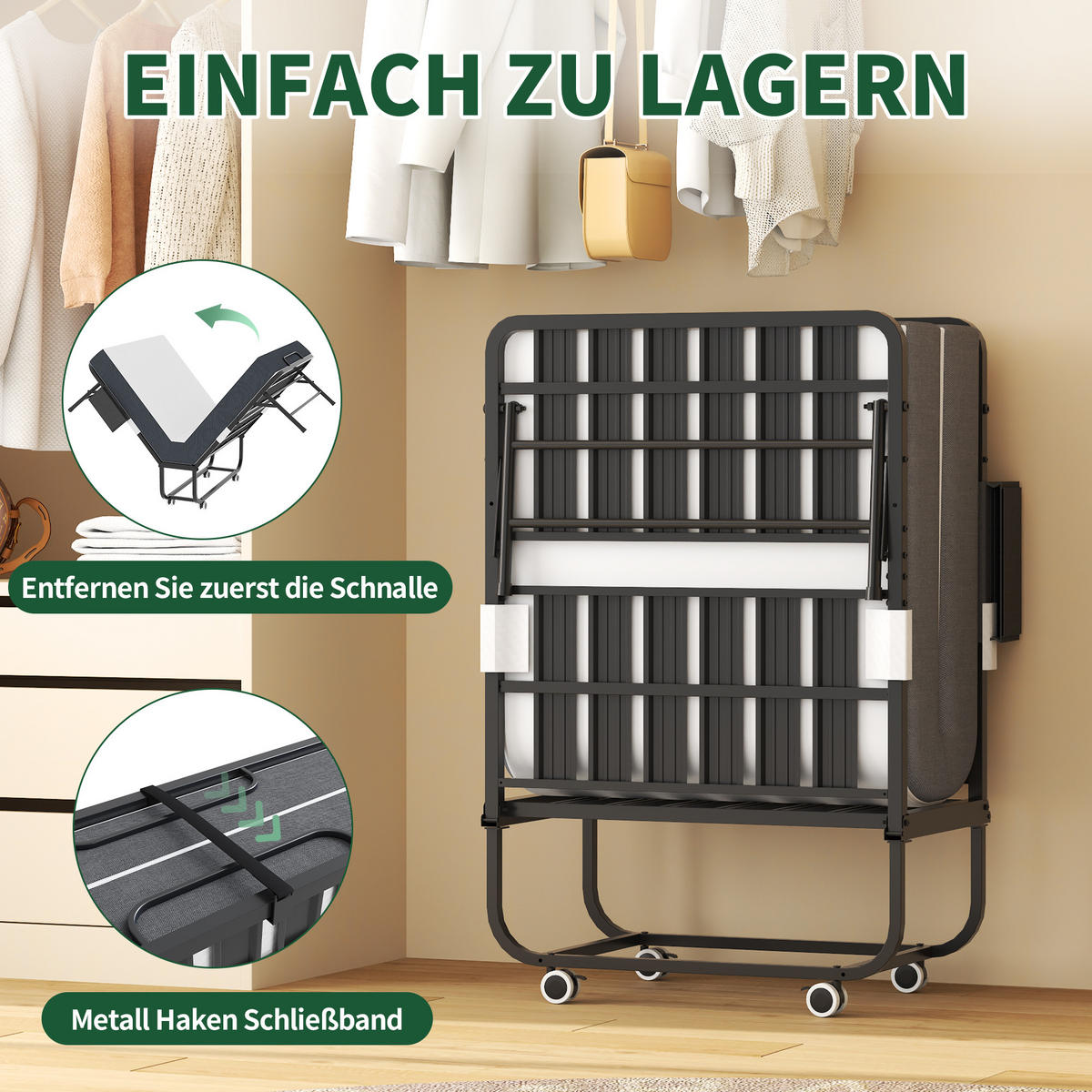 KLAPPBETT auf Rollen 80x190 cm Metall Schwarz inkl. Matratze - Schwarz, Metall (80/190cm) - Meubliv