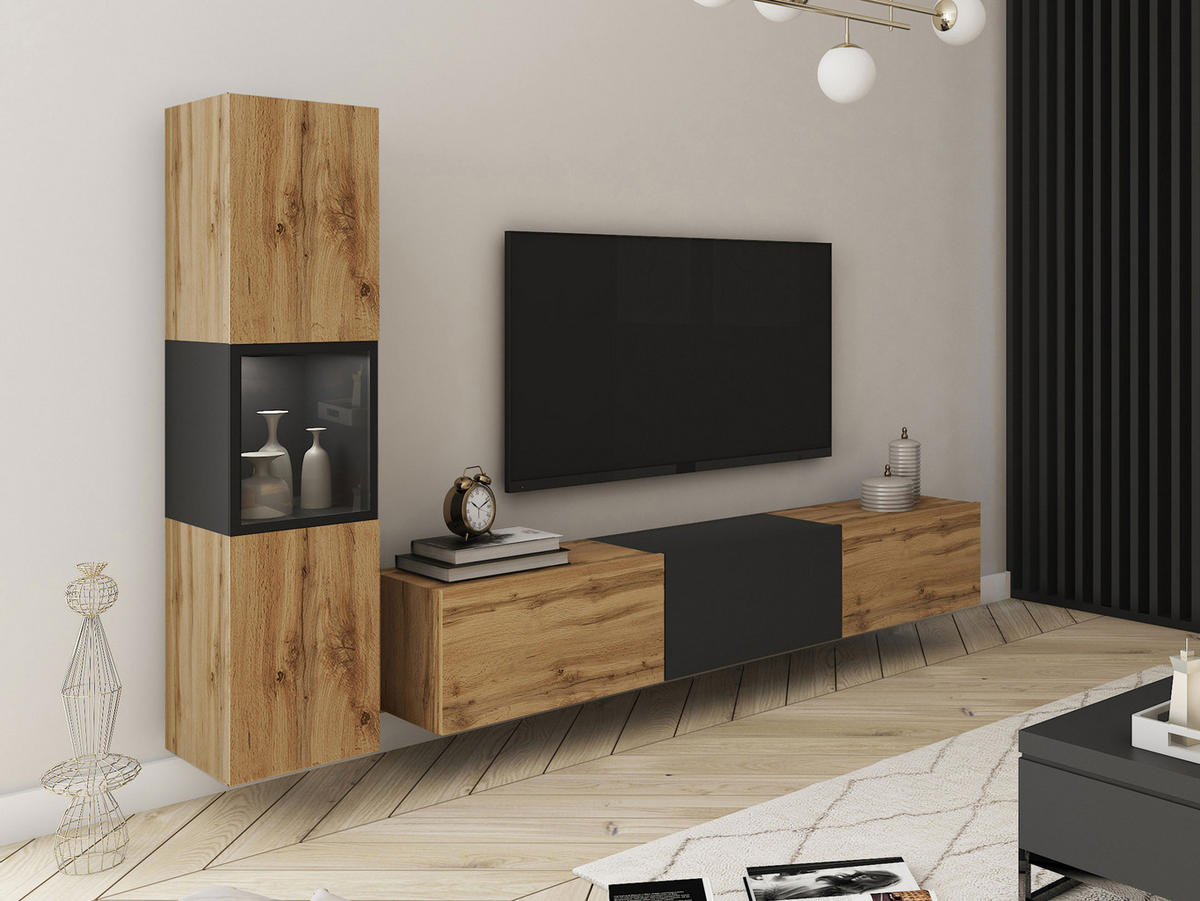 WOHNWAND Berlin I mit weißer LED Beleuchtung - Eiche Wotan/Alufarben, Holzwerkstoff/Kunststoff (180/30/33cm) - MIRJAN24