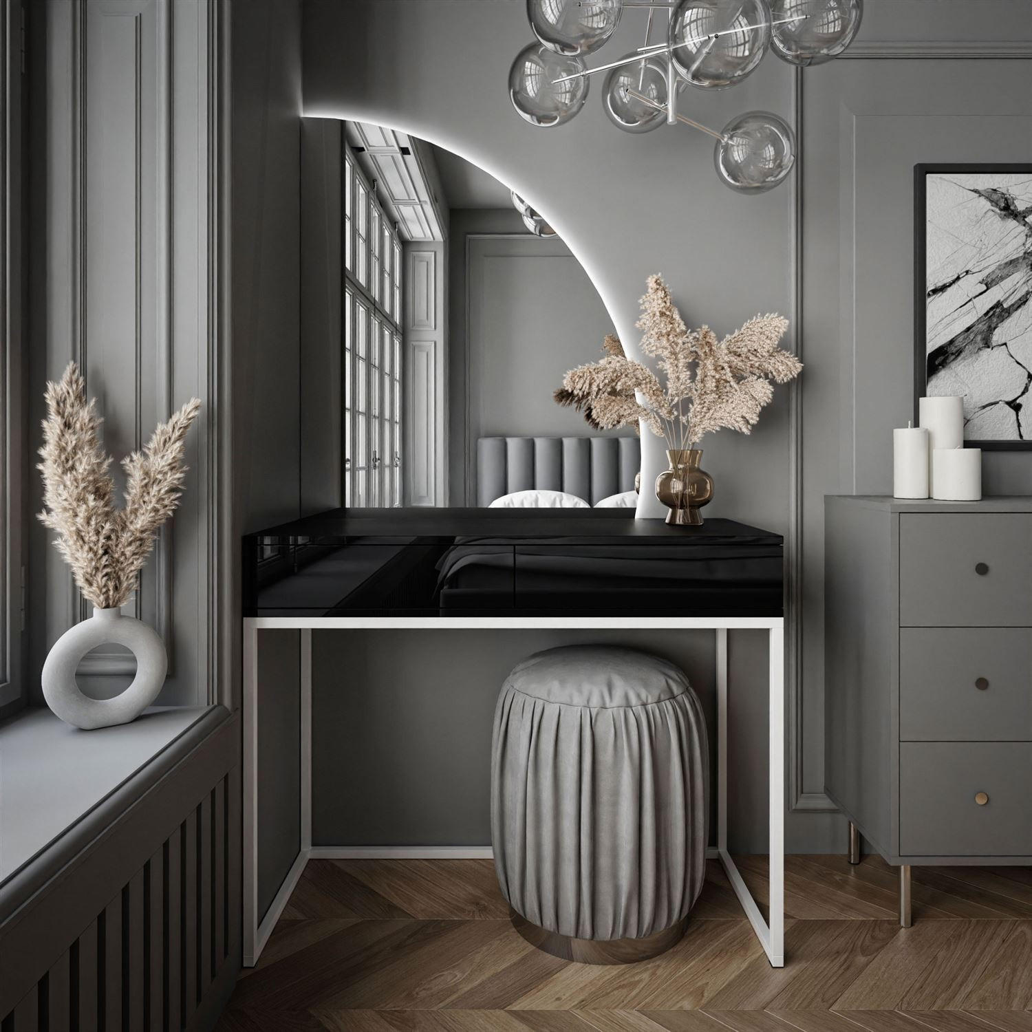 SCHMINKTISCH weiß/schwarz Hochglanz QUINNIE mit LED-Spiegel rechts PUSH OPEN - Schwarz Hochglanz/Weiß, Holzwerkstoff (100/176/42cm) - Lookway