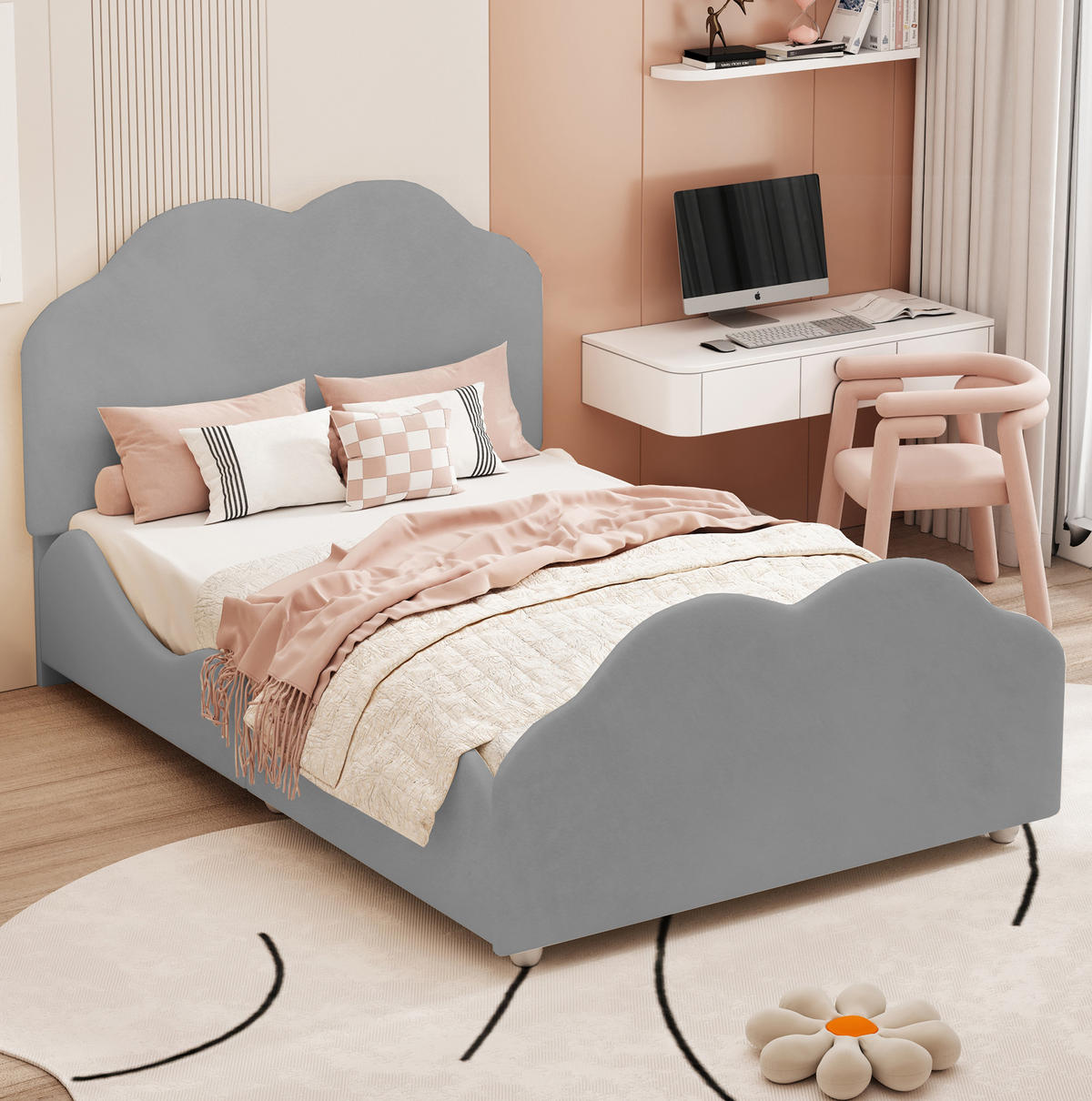 KINDERBETT 90/200 cm mit hohem Geländer, wolkenförmigem Kopf- und Fußteil und Samtbezug, Grau - Grau, Textil (90/200cm) - Redom
