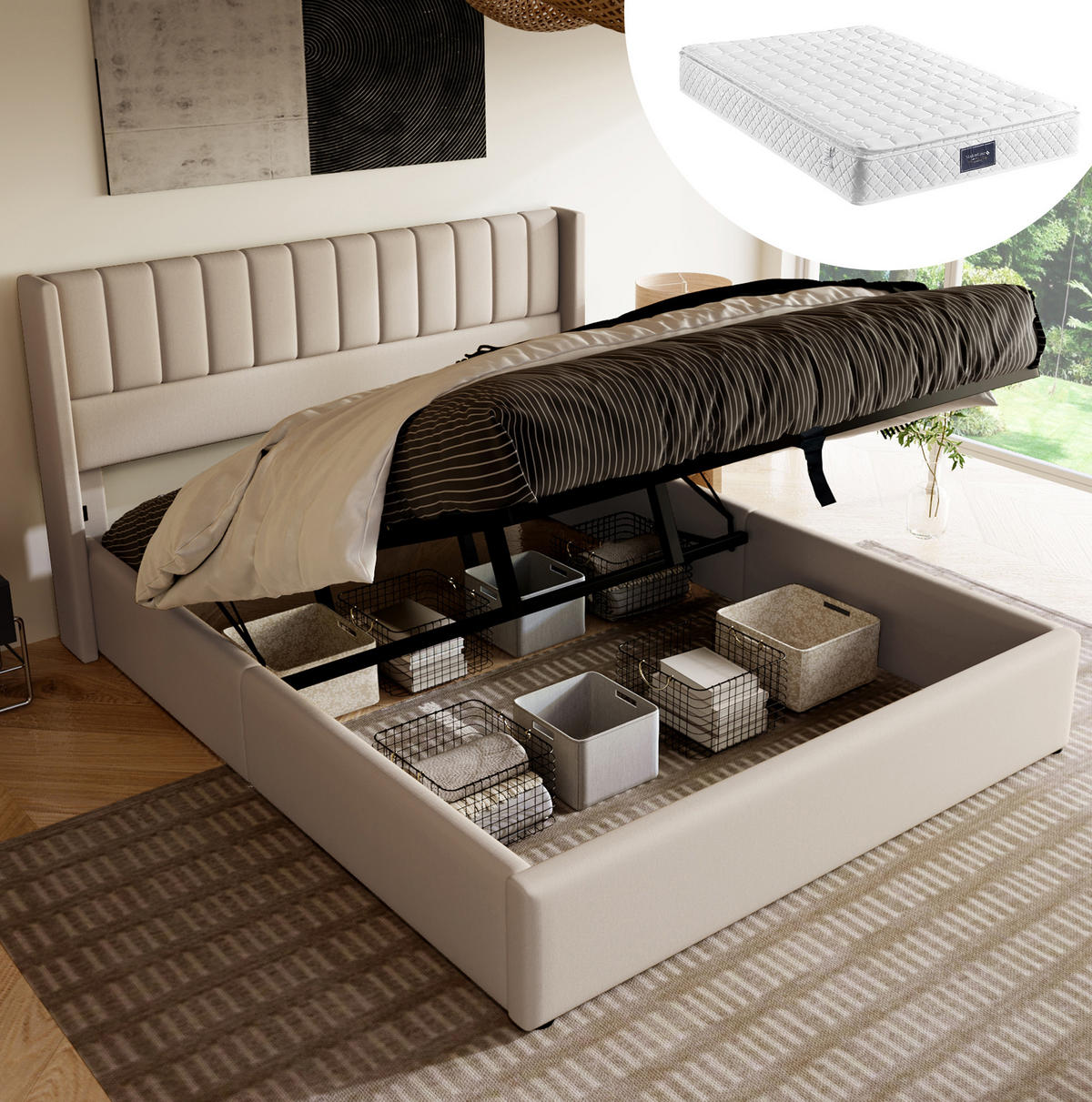POLSTERBETT 140/200 cm mit hydraulischem Bettkasten, Federkernmatratze und gepolstertem Kopfteil, Beige - Beige, Textil (140/140cm) - Redom