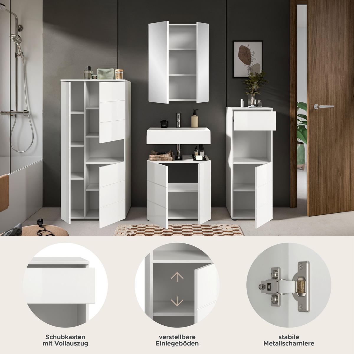 BADMÖBEL Set Vira 4tlg. Bad Kombination in Weiß (B/H/T: 188x190x34 cm) - Weiß, Holz (188/190/34cm)