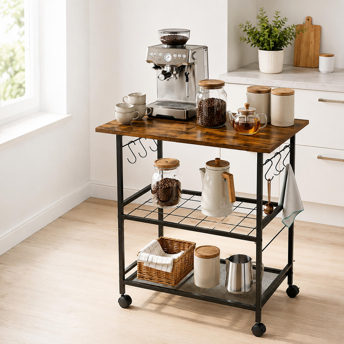 KOLICA vintage smeđa crna 3 razine metal MDF 6 kuka - crna, drvni materijal/metal (52/88/39cm) - Relaxdays
