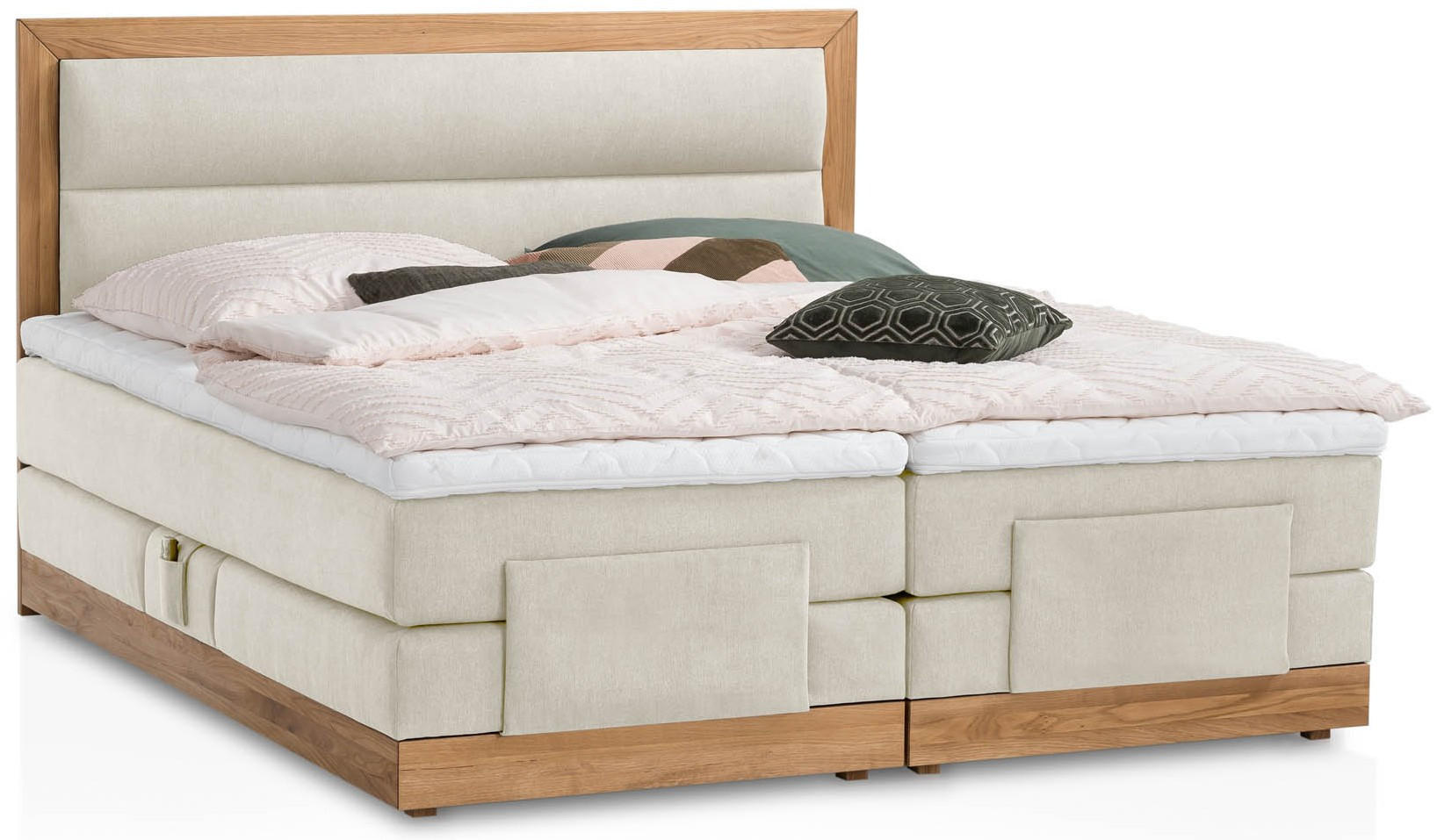 BOXSPRINGBETT ELEKTRISCH VERSTELLBAR MODELA 180x200 Beige H2 und H3 Motorbett in Eiche mit 7-Zonen Taschenfederkern Matratze inkl. Visco Topper - Beige, Textil (180/200cm) - Belanoti