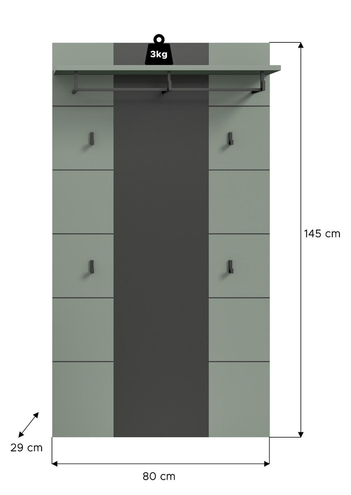 GARDEROBENPANEEL Salbei und Grau, Wandgarderobe 80 x 141 cm, Cooper - Salbeigrün/Dunkelgrau, Holzwerkstoff (80/141/29cm) - Inn.Furn