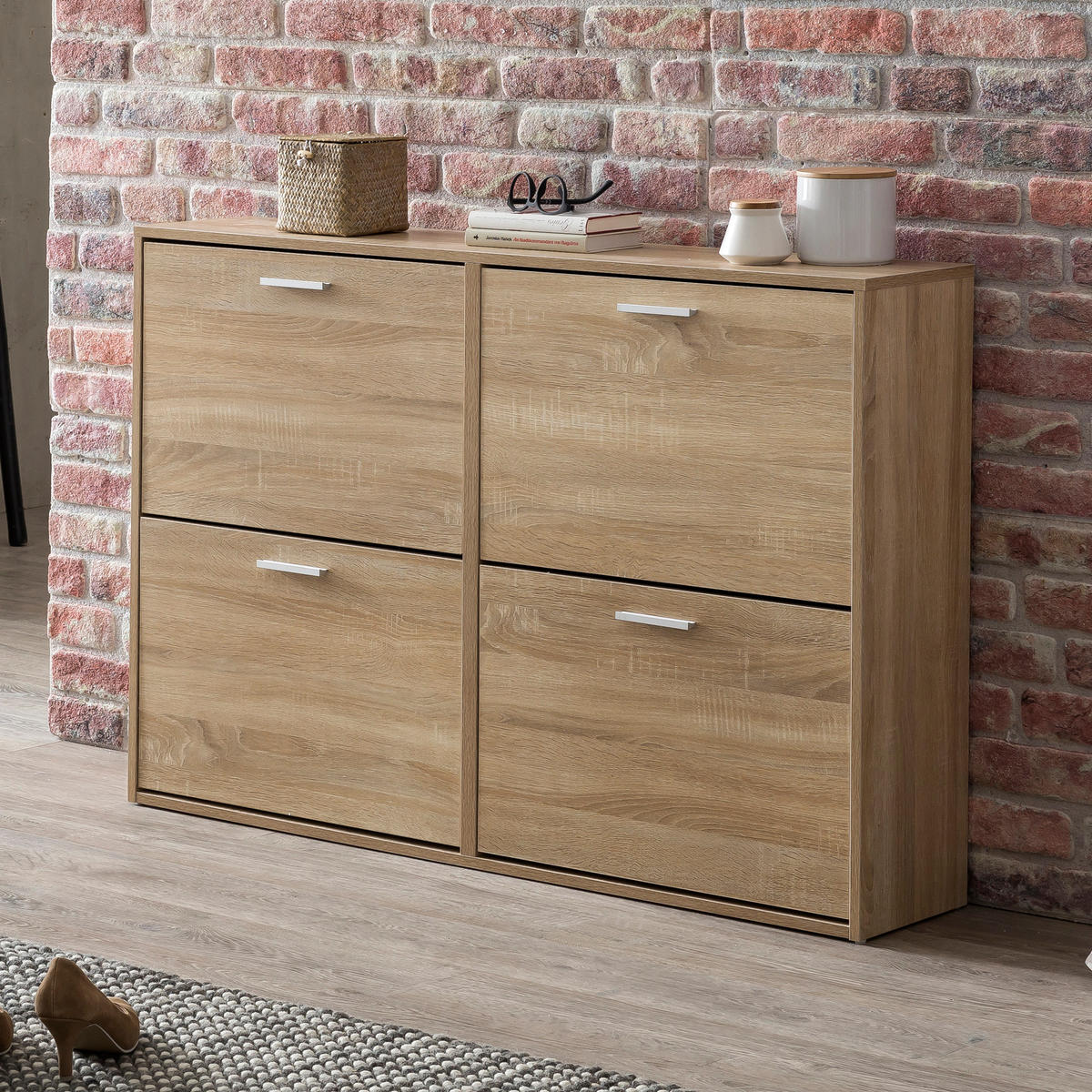 SCHUHSCHRANK Holz mit 4 Klappen und großer Ablage, Beige 120x24x81 cm - Beige, Holz/Metall (120/81/24cm) - KADIMA DESIGN