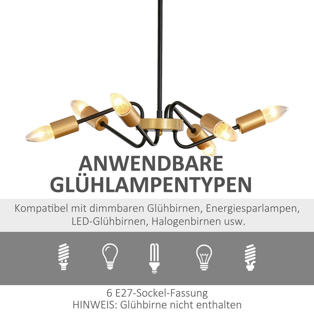 KRONLEUCHTER, Metall, Schwarz+Gold - Schwarz, Metall (48/48/120cm) - HOMCOM