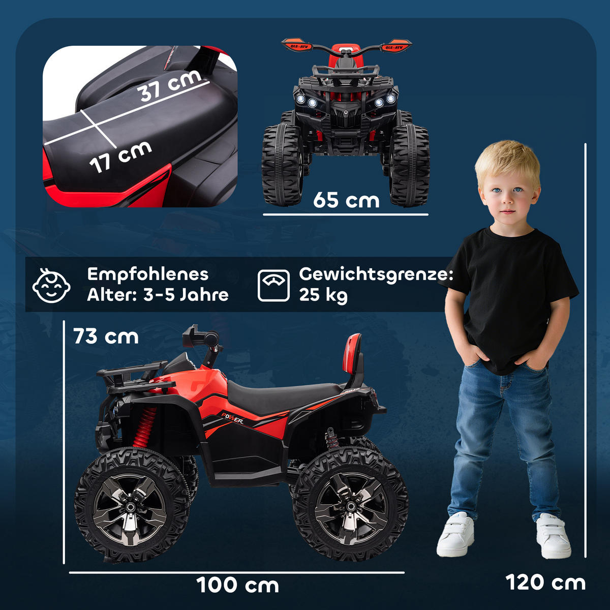 ELEKTRO-QUAD Kinderquad mit Scheinwerfer, Kindermotorrad mit USB-Anschluss, Rot - Rot, Metall (100/65/73cm) - HOMCOM