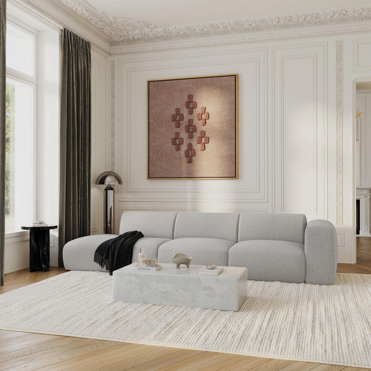 SOFA 5-Sitzer Rastergewebe Hellgrau 310cm - Hellgrau/Grau, Textil (310/73/96cm) - Sia Home