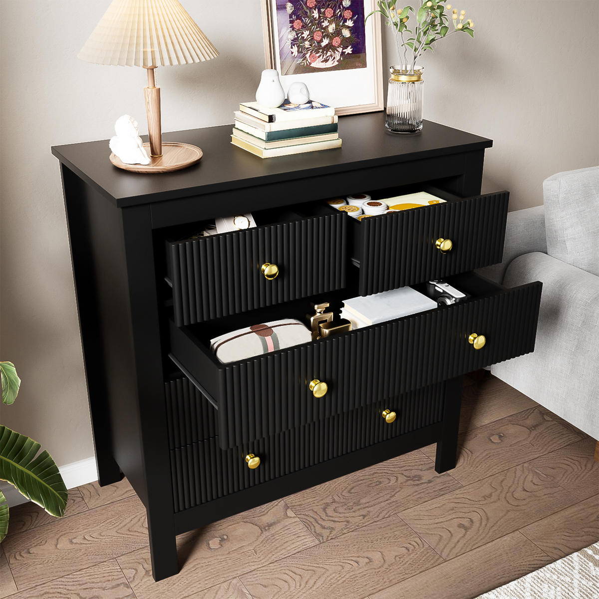 SIDEBOARD mit Spezialtüren, fünf Schubladen und Goldgriffen vielseitig als Schuhschrank Schminktisch - Schwarz, Holzwerkstoff (79/80.05/39.5cm) - EVRYAE