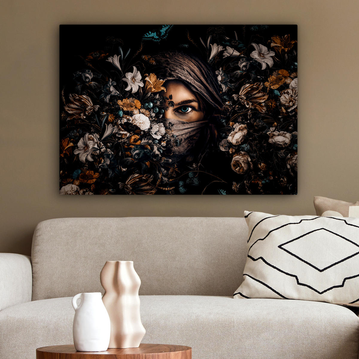 LEINWANDBILD Frau - Luxus - Blumen - Schmetterling - Porträt Wandbilder 80x60 cm - Schwarz, Textil (80/60cm) - MuchoWow