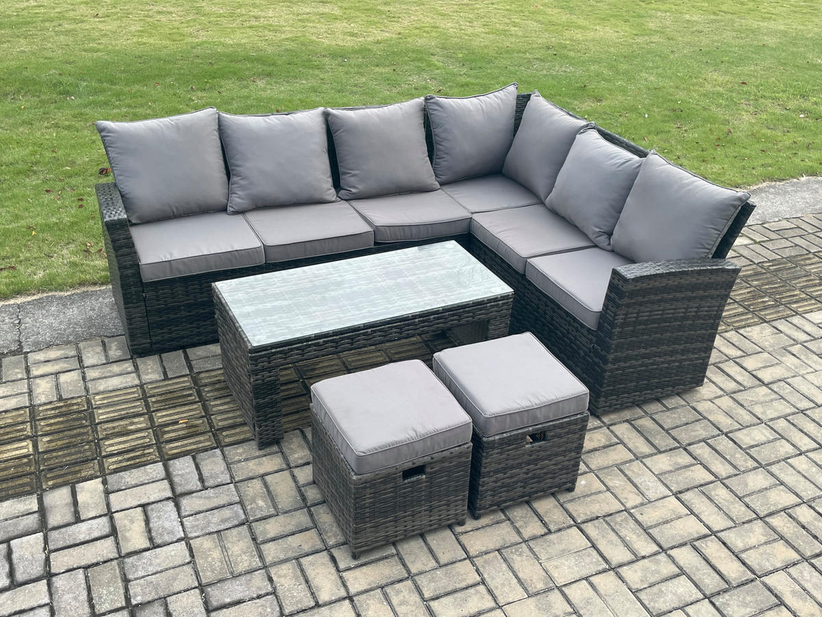 GARTENSOFA SET Hohe Rückenlehne Polyrattan Dunkelgrauer Mix 8-Sitzer - Dunkelgrau/Grau, Glas/Kunststoff - Fimous