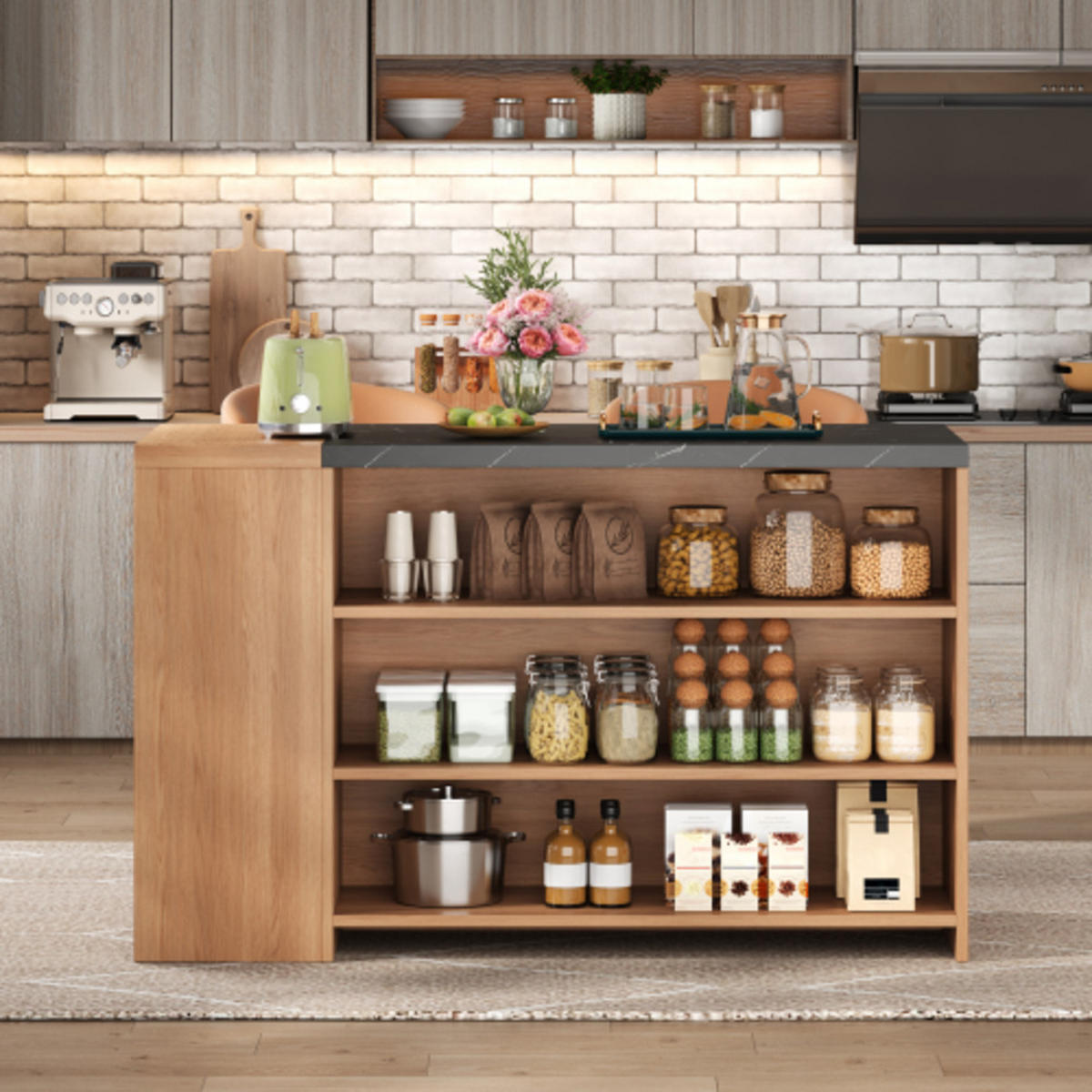 KÜCHENINSEL Schwarz-Natur aus MDF mit hinterem Barbereich 140 × 60 × 90 cm - Naturfarben, Holzwerkstoff (140/90/60cm) - Luhomfu