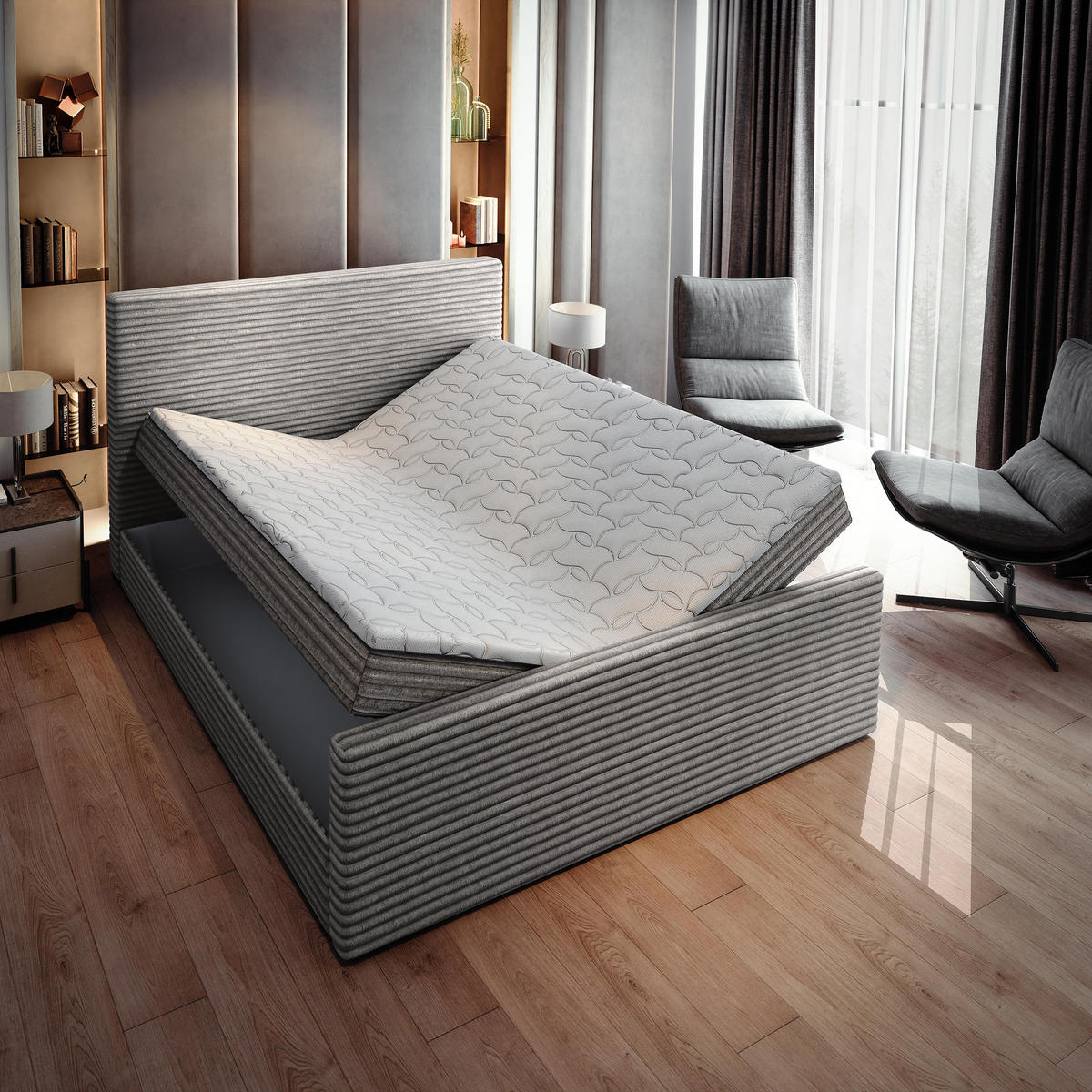 BOXBETT BRENTO 140x200 cm mit Matratze und Topper - Hellgrau - Hellgrau, Holz (140/200cm) - MASSENO