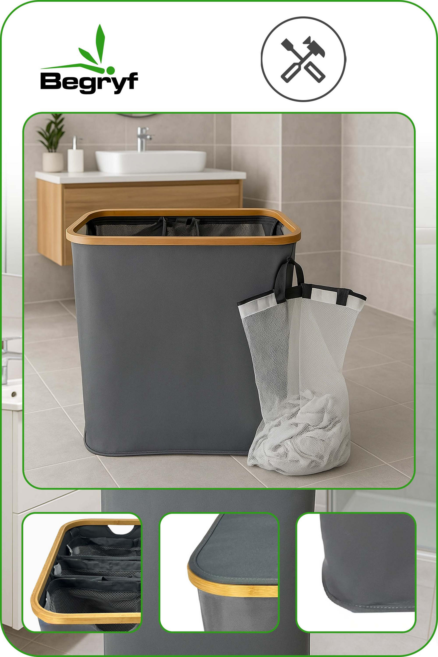 WÄSCHEKORB Bambus Textil Anthrazit mit 3 Fächern 57×37×67 cm - Anthrazit/Naturfarben, Holz/Textil (57/67/37cm) - Begryf