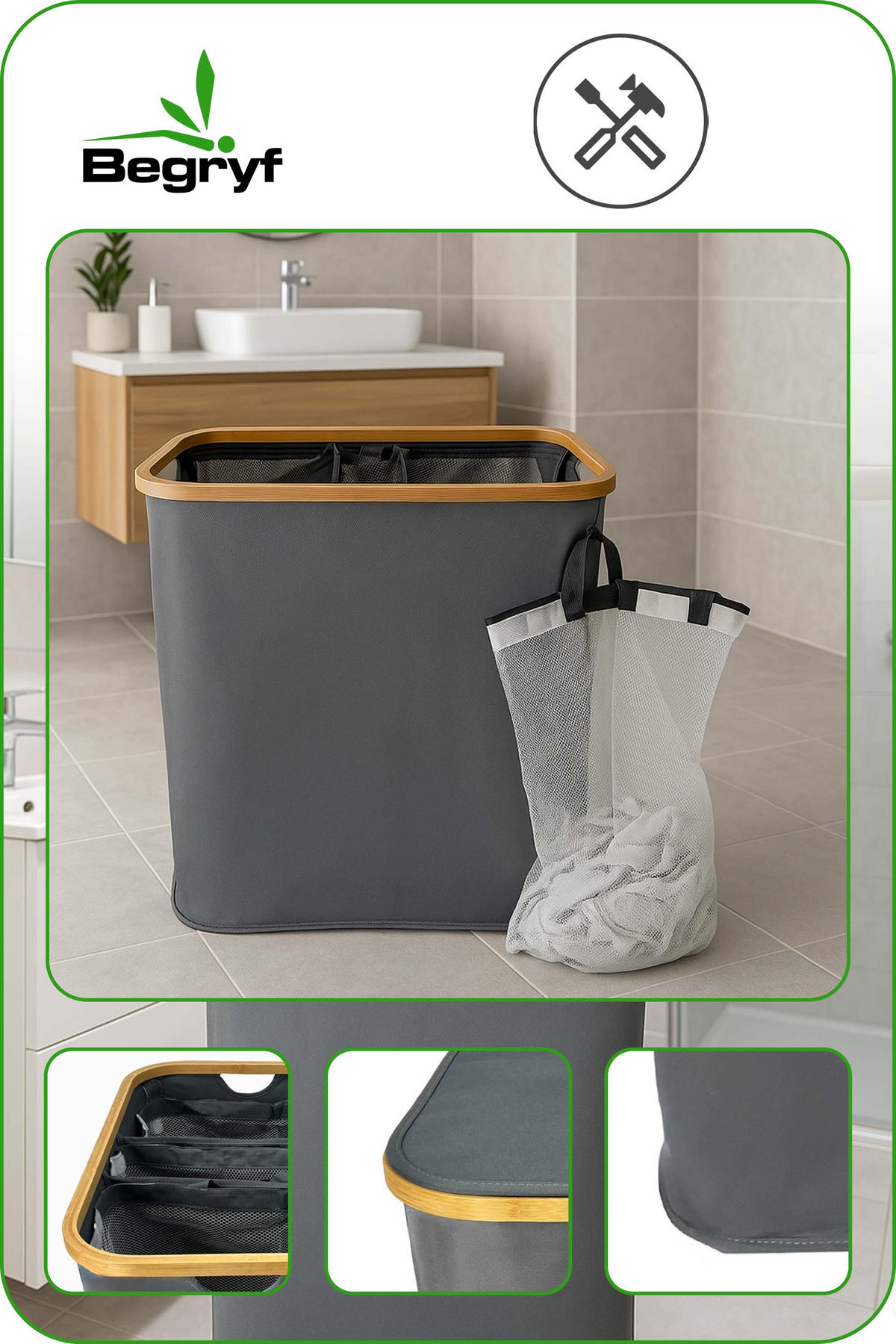 WÄSCHEKORB Bambus Textil Anthrazit mit 3 Fächern 57×37×67 cm - Anthrazit/Naturfarben, Holz/Textil (57/67/37cm) - Begryf